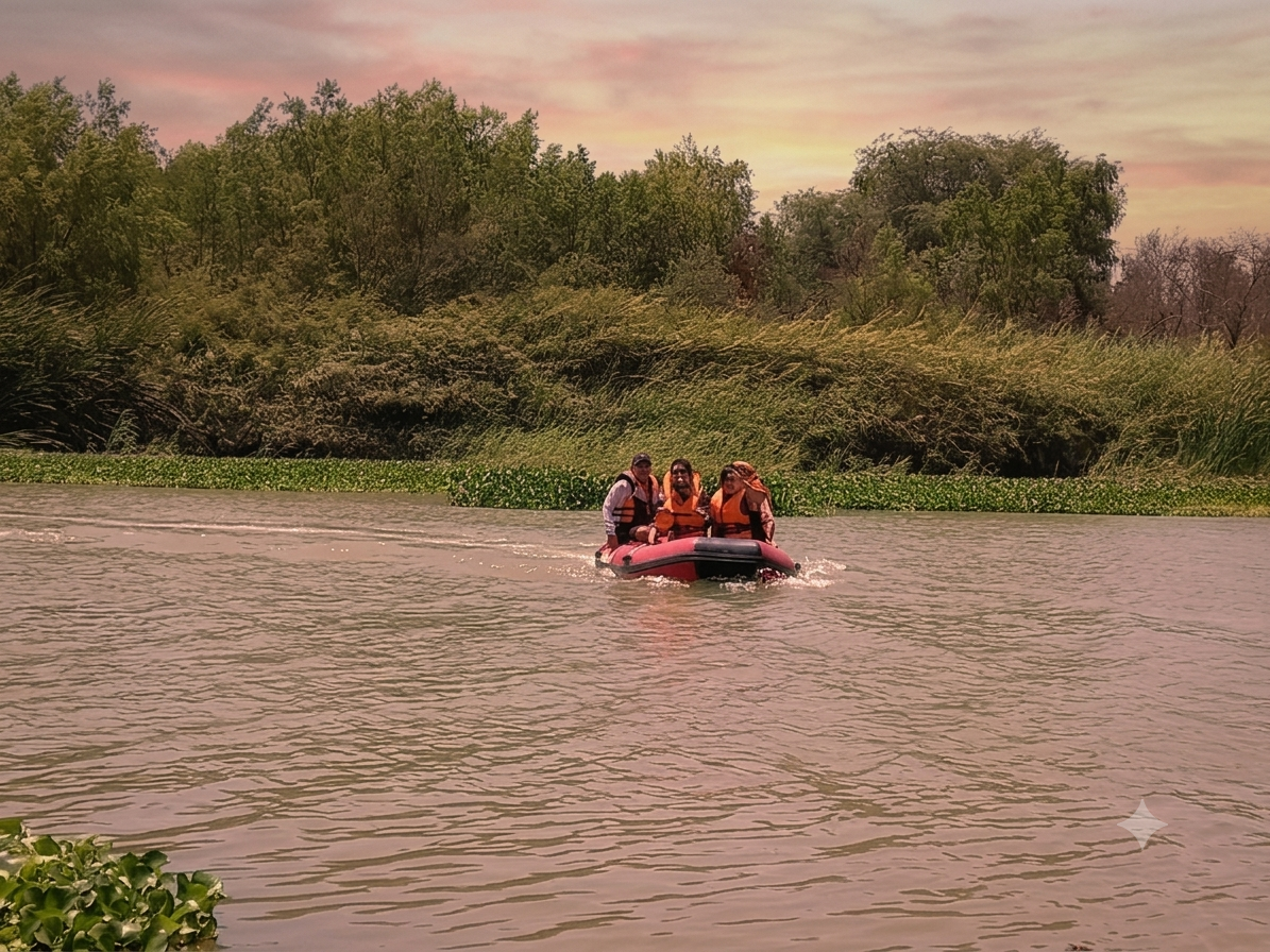 Brindis al atardecer en el bote por el Río Piura
